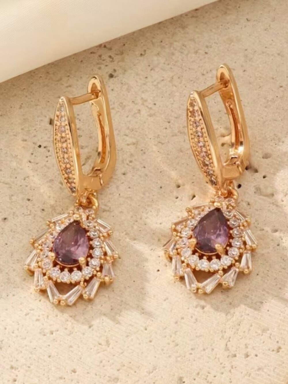14K Gold Hanging Drop 2ct Purple Amethyst Gemstone 1ct Diamond Earrings Jewelry